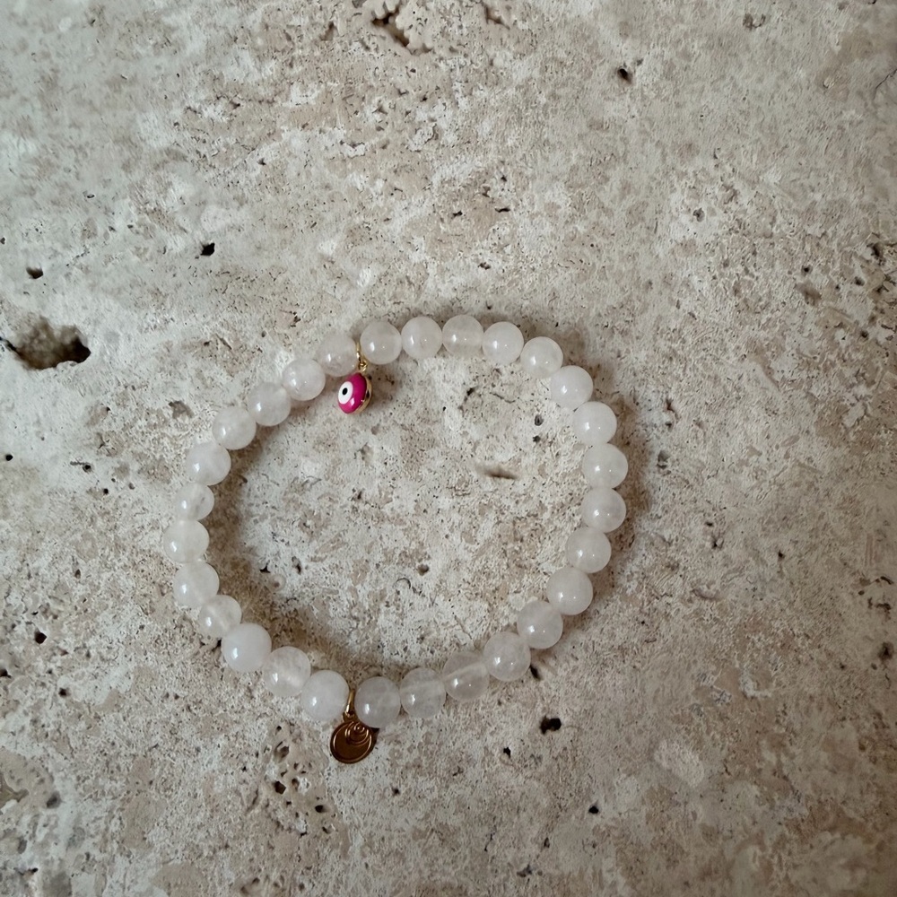 Baby Pink Quartz Beaded Elastic Bracelet with Evil Eye & Gold Charm